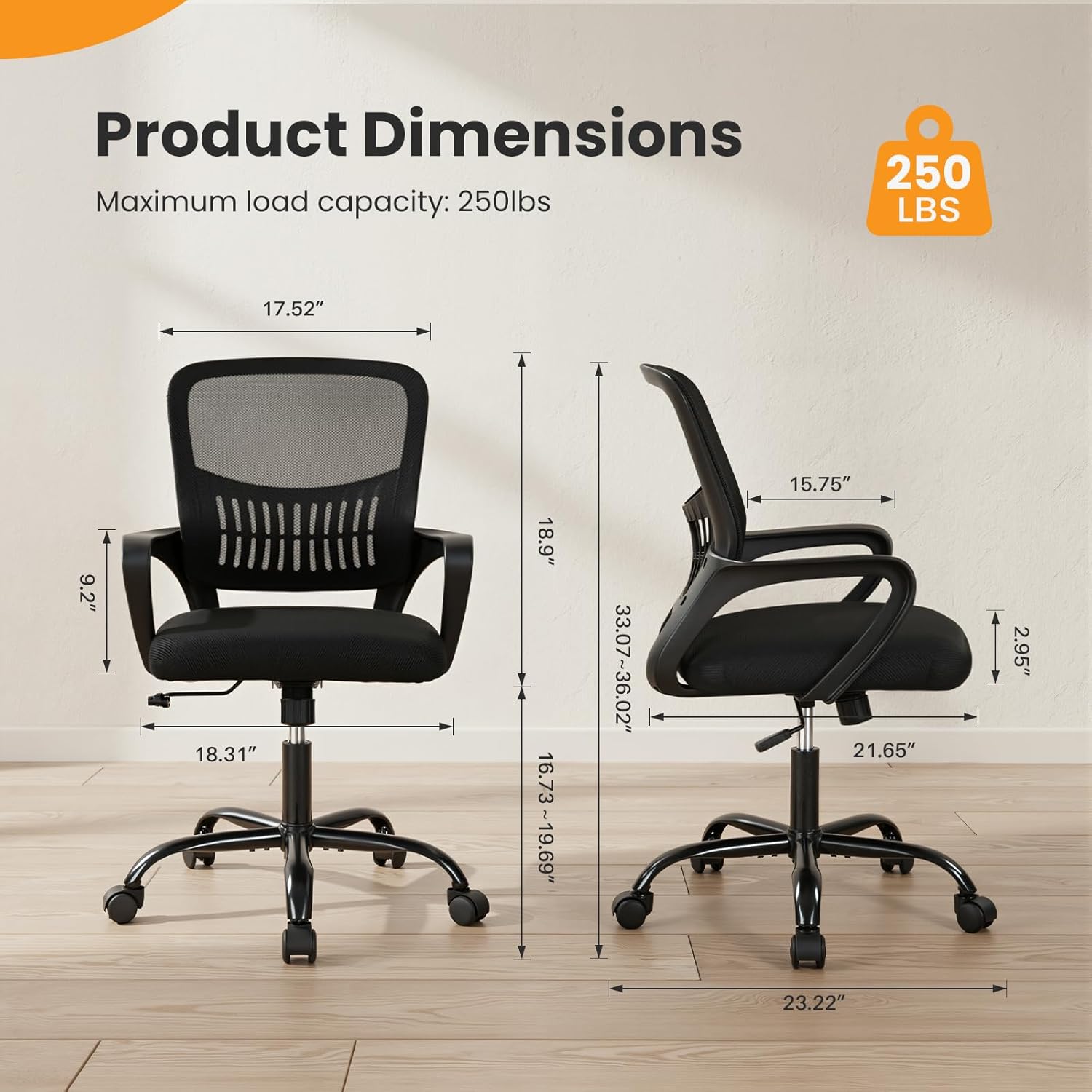 sweetcrispy home office managerial executive chair, ergonomic mesh adjustable swivel mid-back computer desk chair with comfortable lumbar support, comfy arms for bedroom,study black 18.31"d&fixed arm