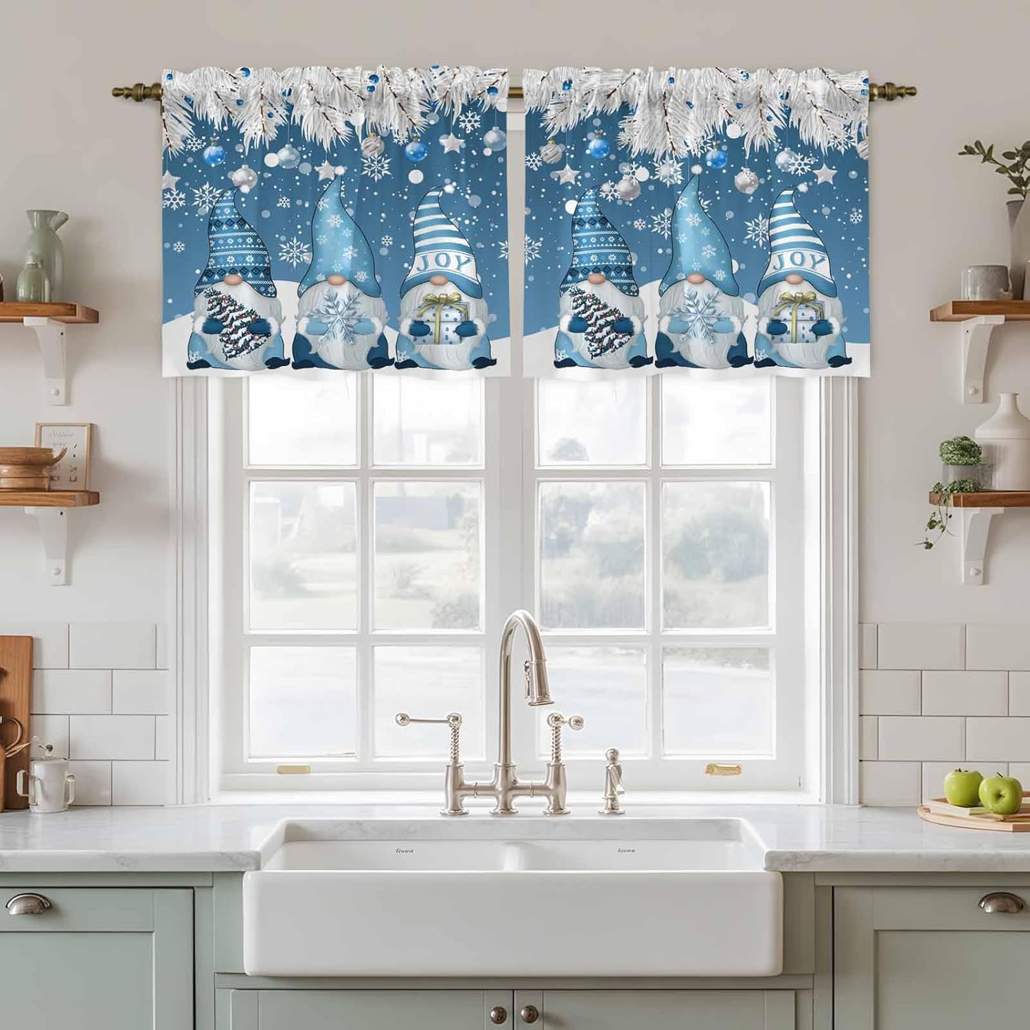 Blue Gnomes Christmas Window Curtains 63 Inch Long 2 Panel Set, Rod Pocket Bedroom Curtains & Drapes, Xmas Snowflake Ball Winter Tree Gifts Light Filtering Window Treatment for Living Room 42"W x 63"L