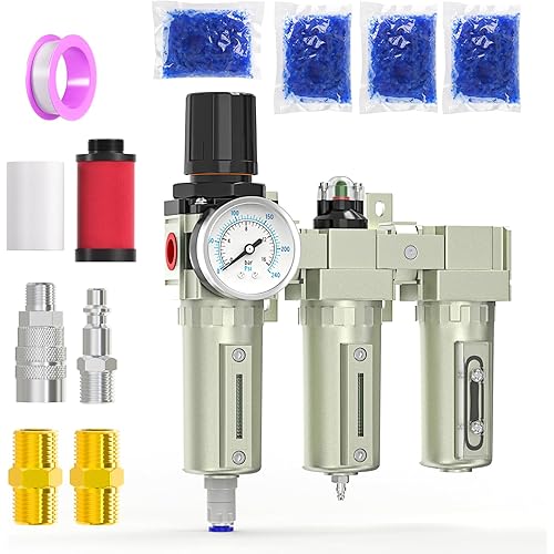 1/2" NPT Heavy Duty Industrial Grade 3 Stage Air Drying System, Auto Drain, Coalescing Filter, Particulate Filter, Desiccant Dryer and Air Regulator For Plasma Cutter and Paint Spray