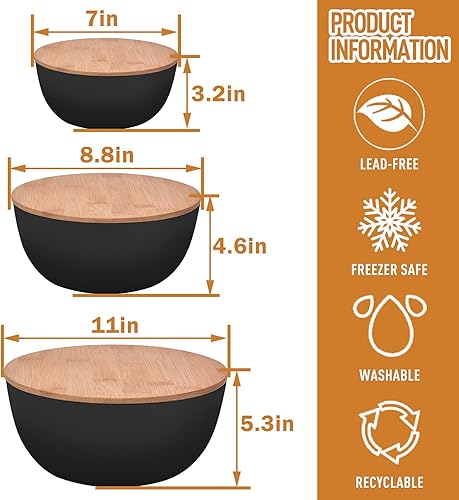 Miniatura 3 de Panghuhu88 Tazón de ensalada con tapa, juego de 3 (7 + 8.8 + 11 pulgadas) cuencos para servir con cubierta de bambú, tazón de fibra de bambú para