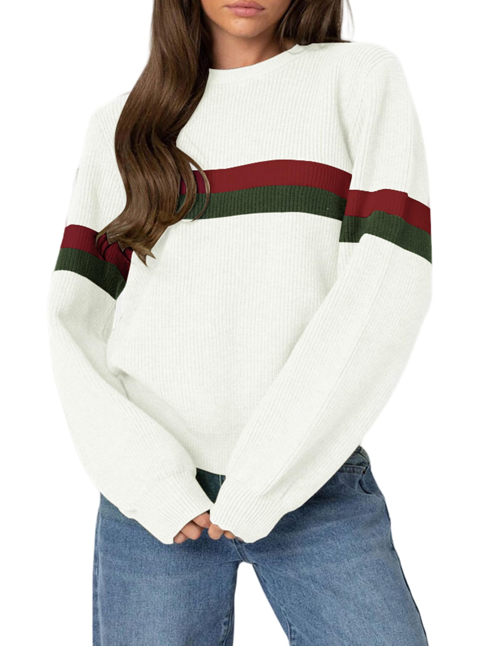 ZAFUL Womens Casual Striped Sweater Color Block Crew Neck Long Sleeve Pullover Ribbed Loose Knit Tops