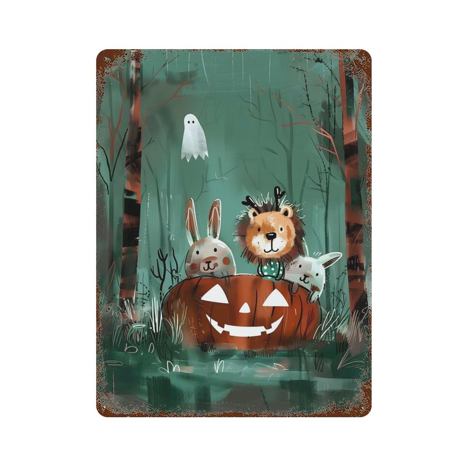 Pumpkin Parade – Whimsical Halloween Critters Rusty Metal Tin Sign 15.7"x11.8", Ideal for Farmhouse, Kitchen And Entryway Decor