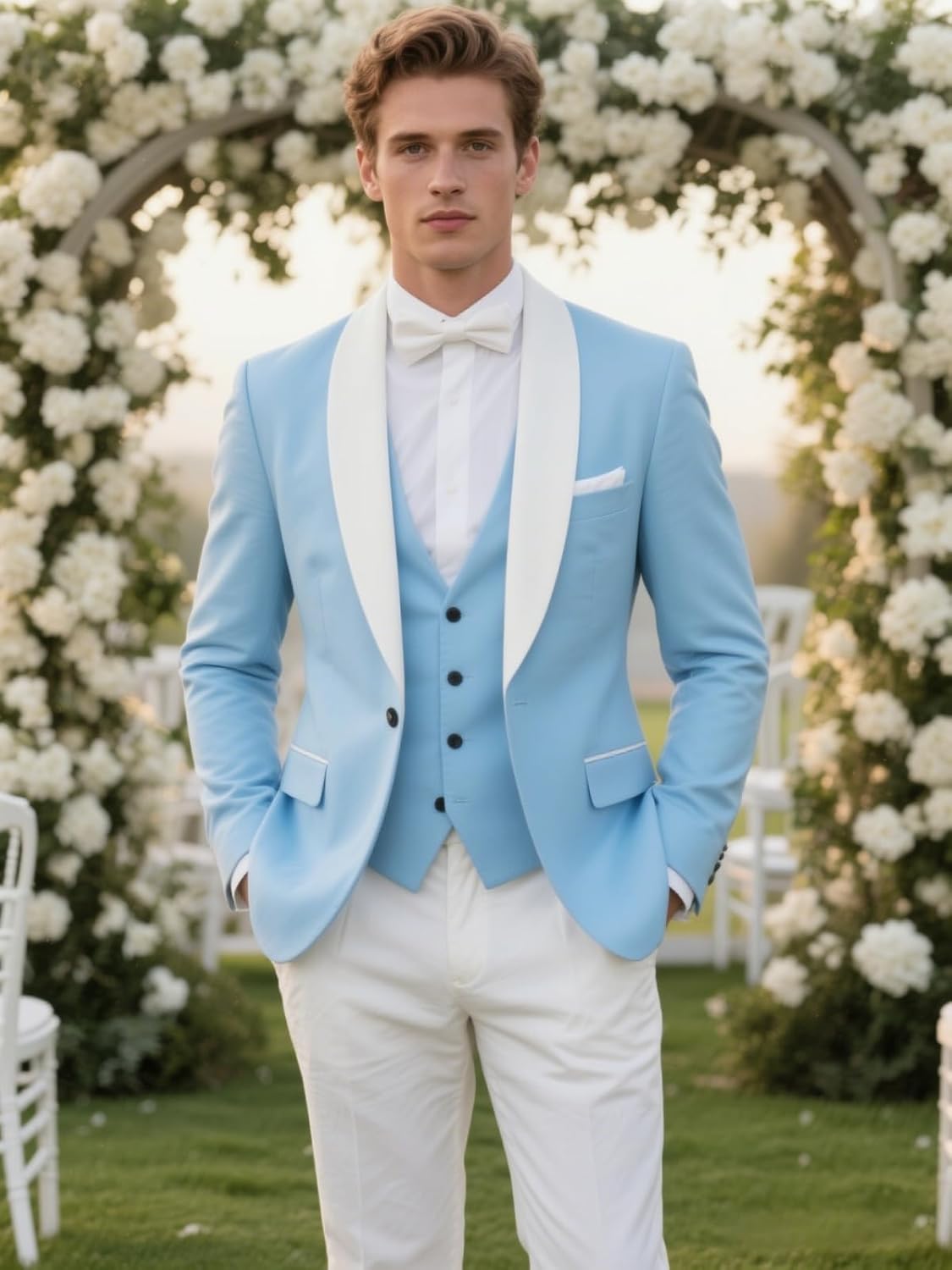 Men Suits 3 Piece Wedding Slim Fit Tuxedo Suit Shawl Lapel Jacket Vest Pants Set with Bow Tie