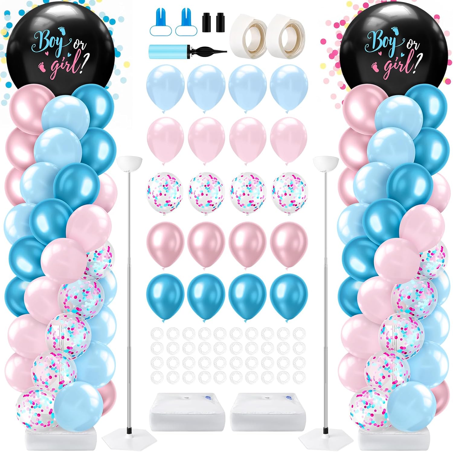 Lunmon 2 Sets Gender Reveal Balloon Column Stand Kit Jumbo Black Baby Boy or Girl Balloons with Confetti Pink and Blue Arch Garland Kit for Baby Shower Party Supplies