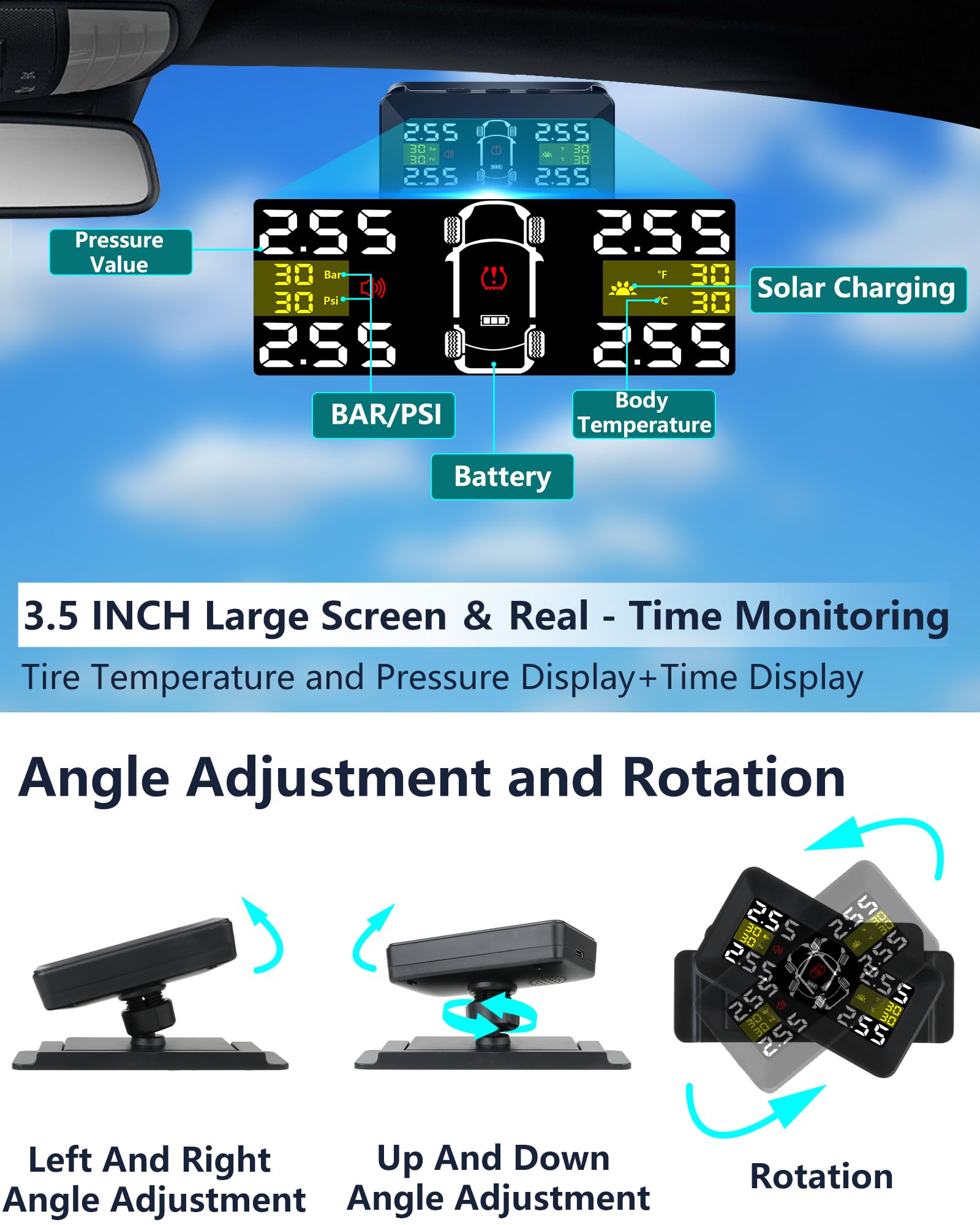 TPMS Reifendruckkontrollsystem 3,5 Zoll Kabellos Reifendrucküberwachungssystem 0,01Bar Hochpräzise Abnehmbare Solar/Typ-C Ladung TPMS Auto mit 4 Wasserdicht IP67-Reifendrucksensoren 14-87PSI