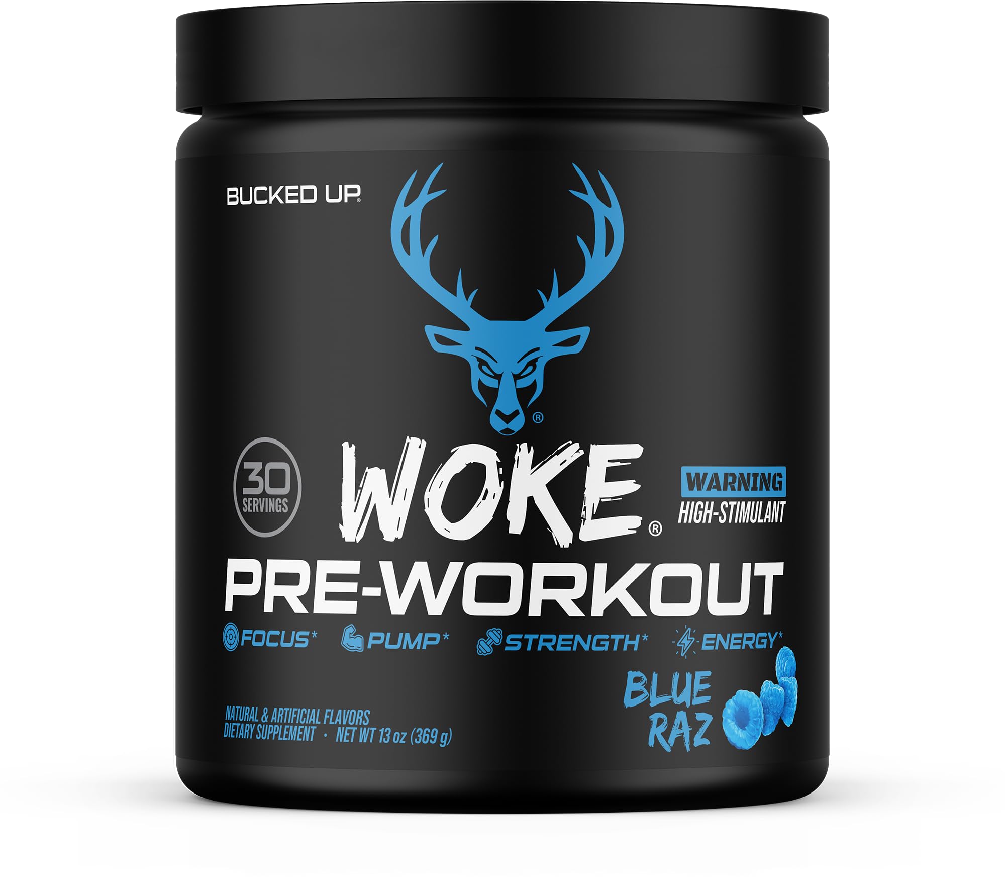 Bucked Up - Woke - HIGH STIM Pre Workout - Best Tasting - Focus Nootropic, Pump, Strength, 30 Servings (Blue Raspberry)