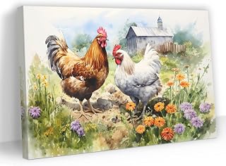 Modern Wall Art 16"X12" Painting Artwork Framed for Living Room Bedroom Bathroom Office Home Decor, Rooster And White Hen In The Farmyard