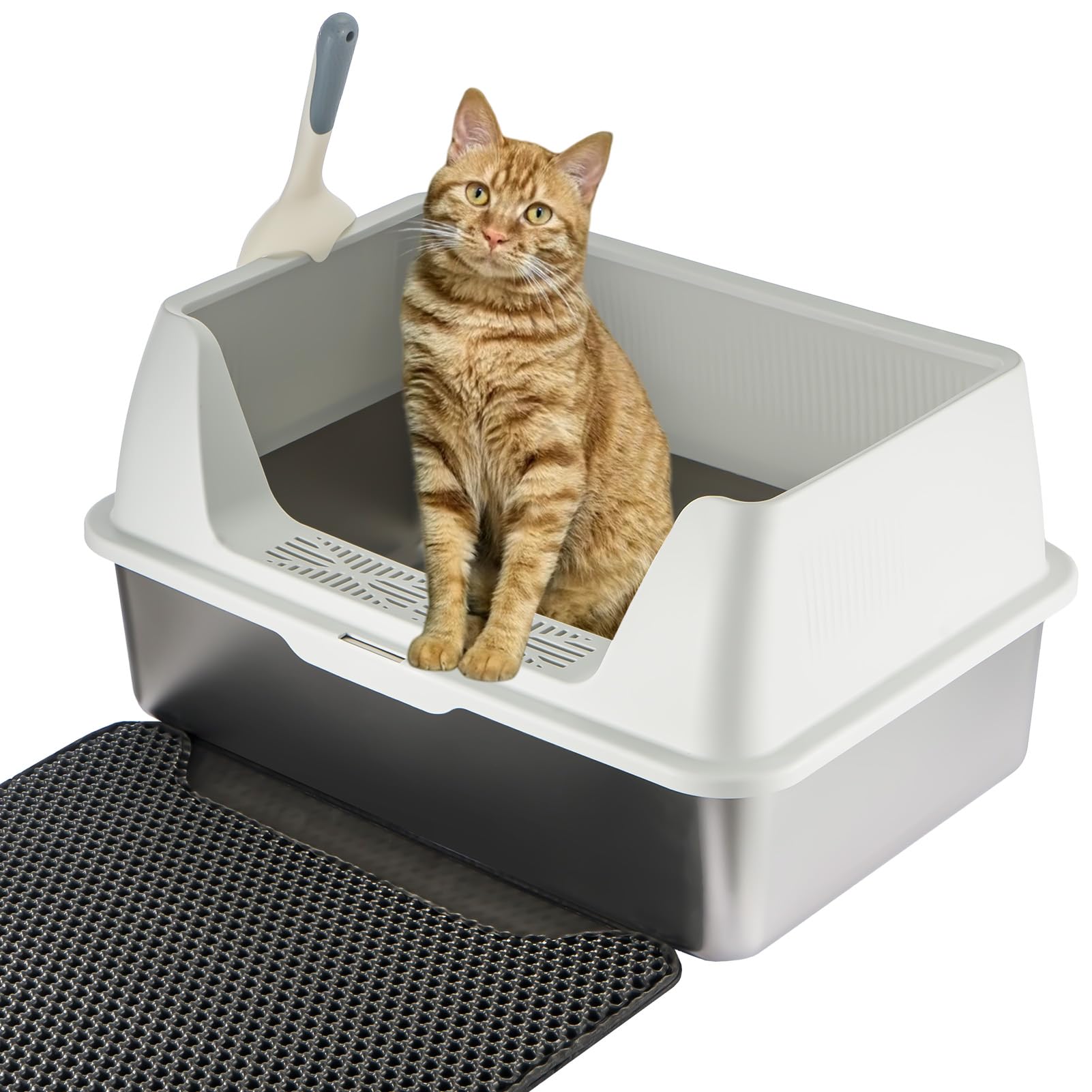 YORKING XXL Stainless Steel Cat Litter Box, 30L Cat Litter Tray with Splash-Proof Lid, Metal Large Litter Box Tray with Double Layer Litter Mat, Litter Scoop for Large Medium Cats, 23.5x15.7x11.8in