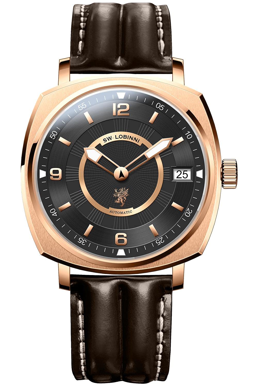 LOBINNI Orologio Da Uomo Quadrato Automatico Meccanico – Lusso Casual, Quadrante Rosa E Bianco, Calendario, Movimento Meccanico - 2