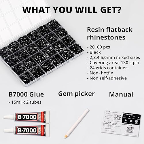 Miniatura 2 de B7000 - Pegamento para joyería con 20100 piezas de diamantes de imitación negros con parte trasera plana para manualidades, gemas negras con