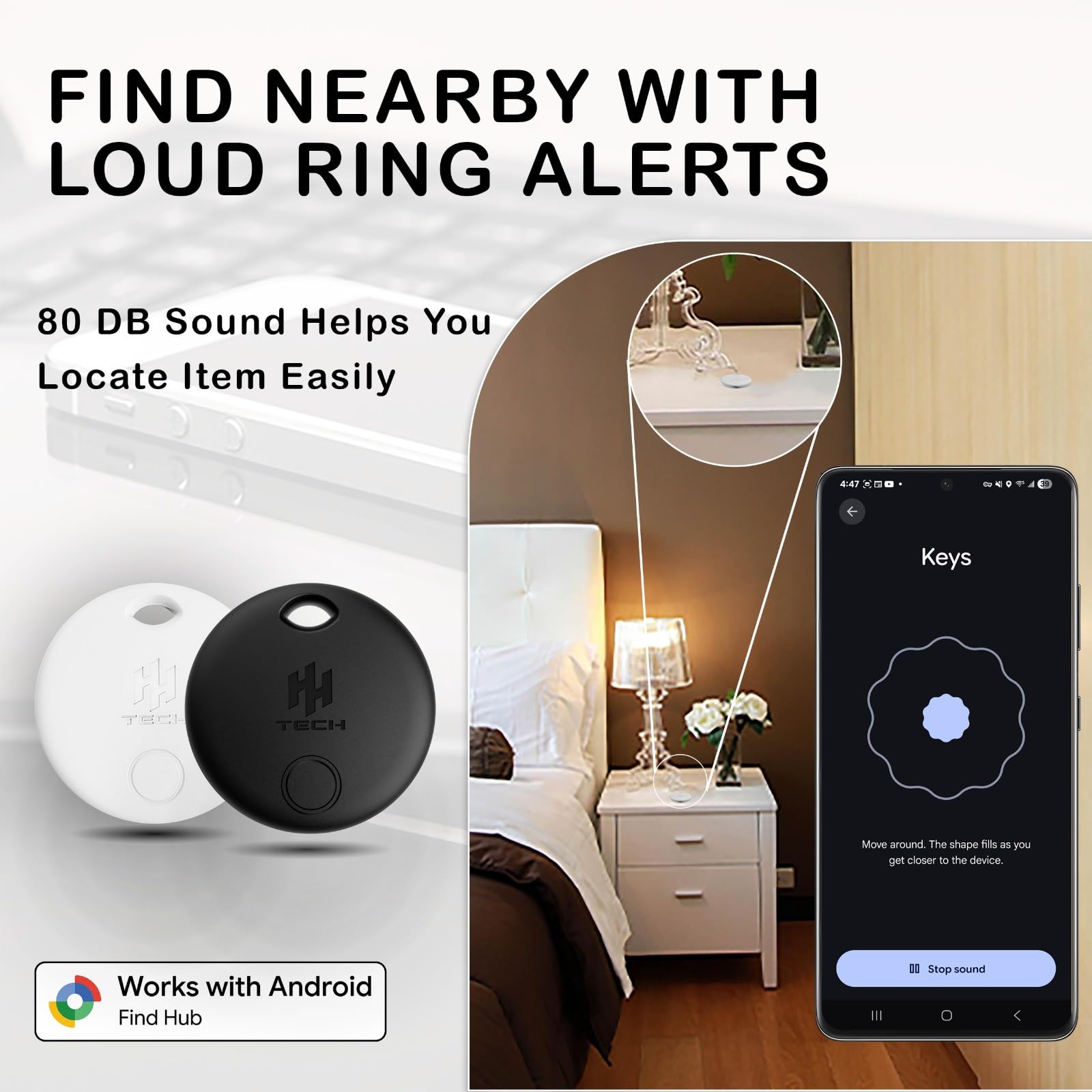 HH-Tech Tag Tracker Android (Pack-4 Black+White Android solo) Funziona con Google Find My, Find Hub, Smart Tag Tracker, Item Finder, Traccia facilmente chiavi, portafoglio, borsa, valigia e altro