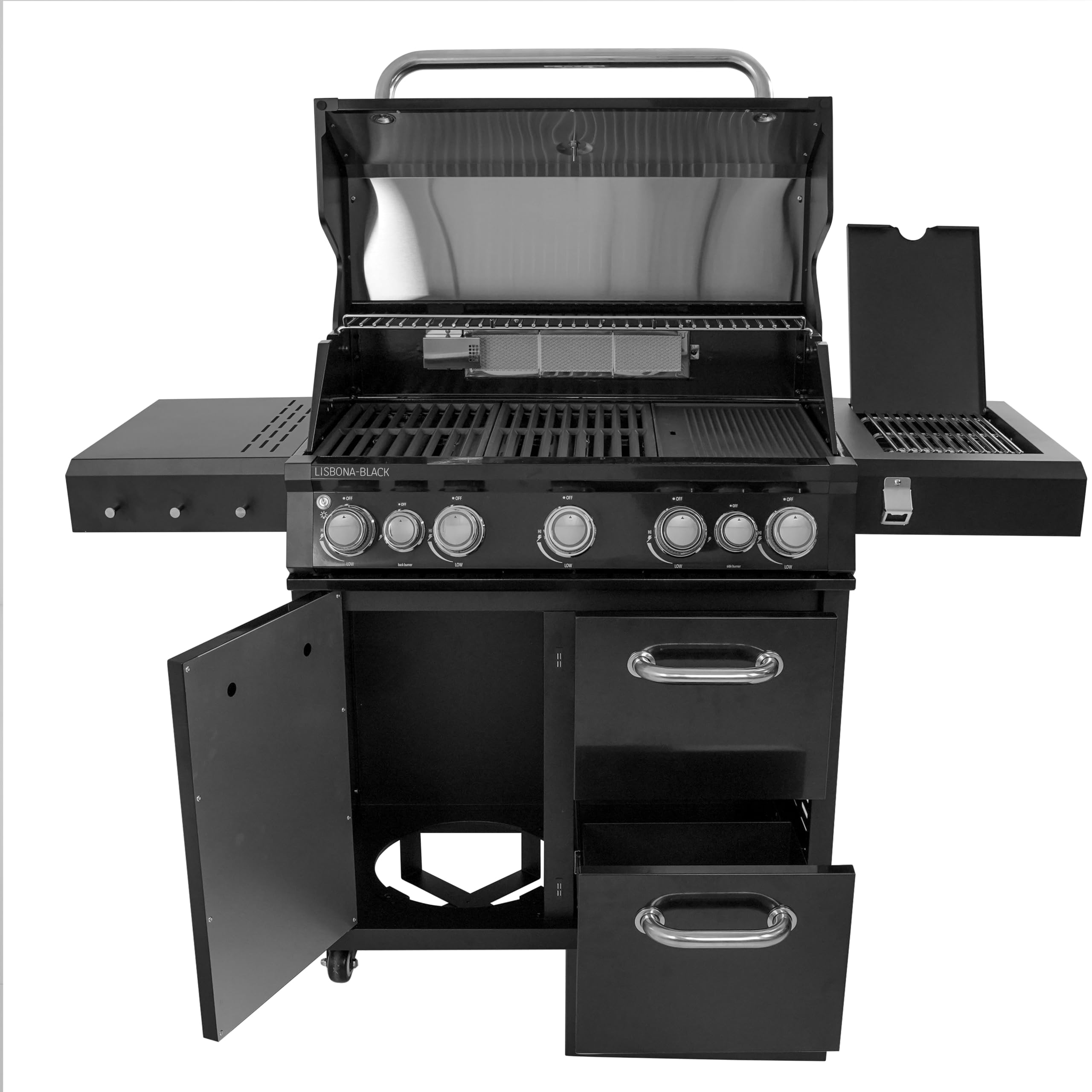 Barbecue a Gas 5 Bruciatori + Infrarossi + Fornello Laterale – BBQ Professionale 21 kW in Acciaio Inox con Griglie Ghisa, Piastra Reversibile, LED e Termometro | Cucina da Giardino