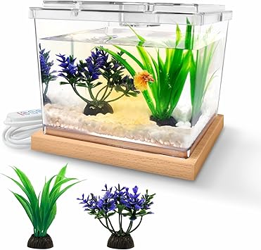 MoonOrange Mini Betta Fish Tank Kit with LED Light Base, Small Fish Bowl for Temporary Space, 0.2 Gallon Stackable Cube Tank with Artificial Plants for Small Fish, Insect, Shrimp, Crab, Spider Kit-2