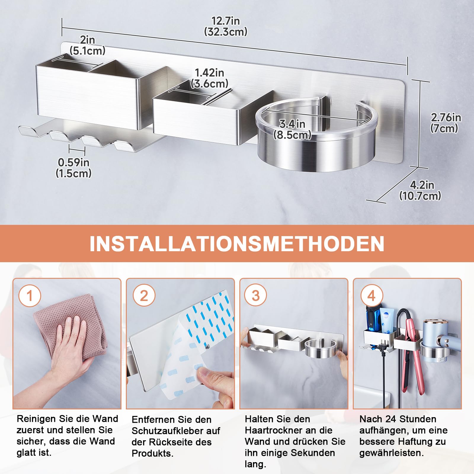 Porta phon e piastra, Porta phon da muro, Porta piastra per capelli, Porta asciugacapelli con 2 Scomparti E Supporto per Cavo, in acciaio inox Porta Phone Bagno da Muro, Supporto per asciugacapelli