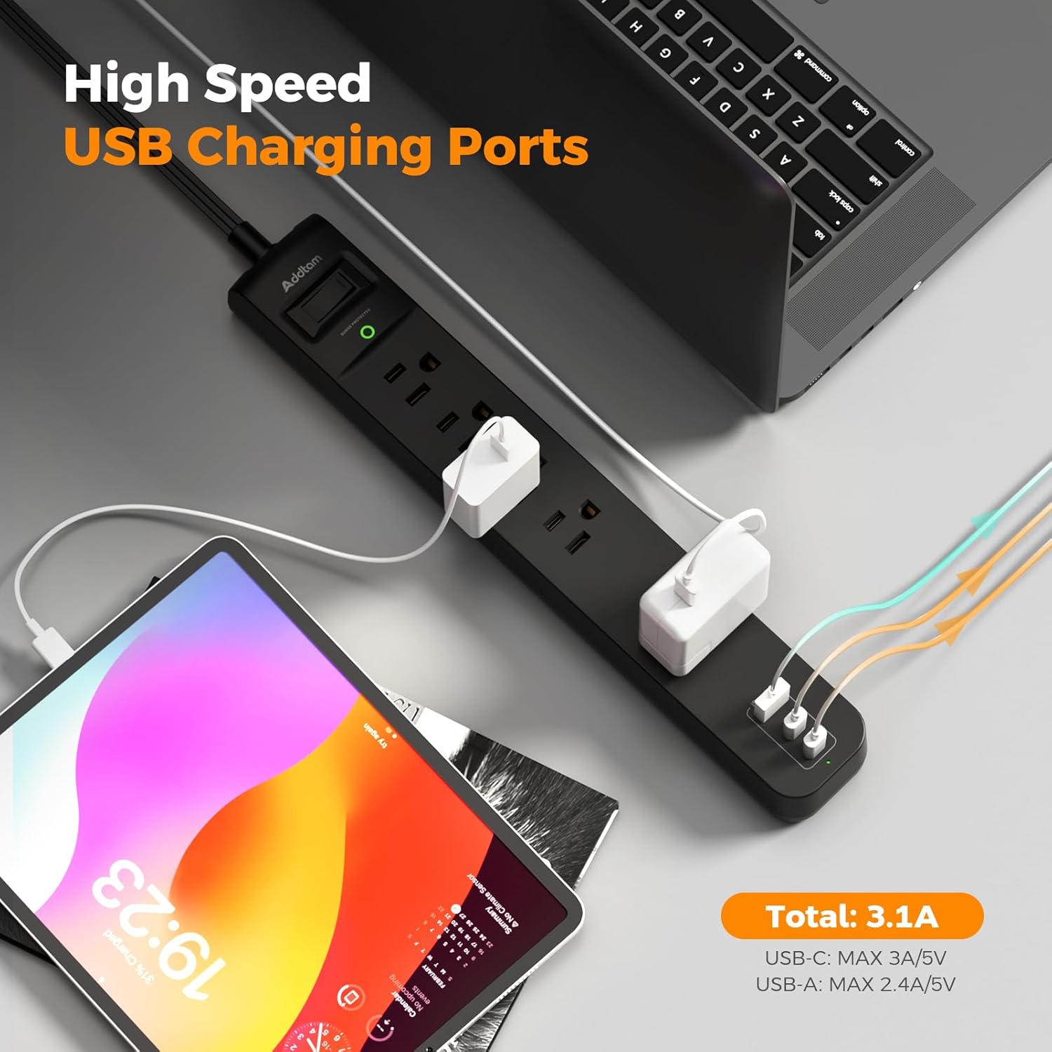 10Ft Surge Protector Power Strip- Addtam Extension Cord with 5 AC Outlets 3 USB Ports(2 USB C), 1875W/15A, Flat Plug, Outlet Extender for Home Office Supplies College Dorm Room Essentials,ETL Listed