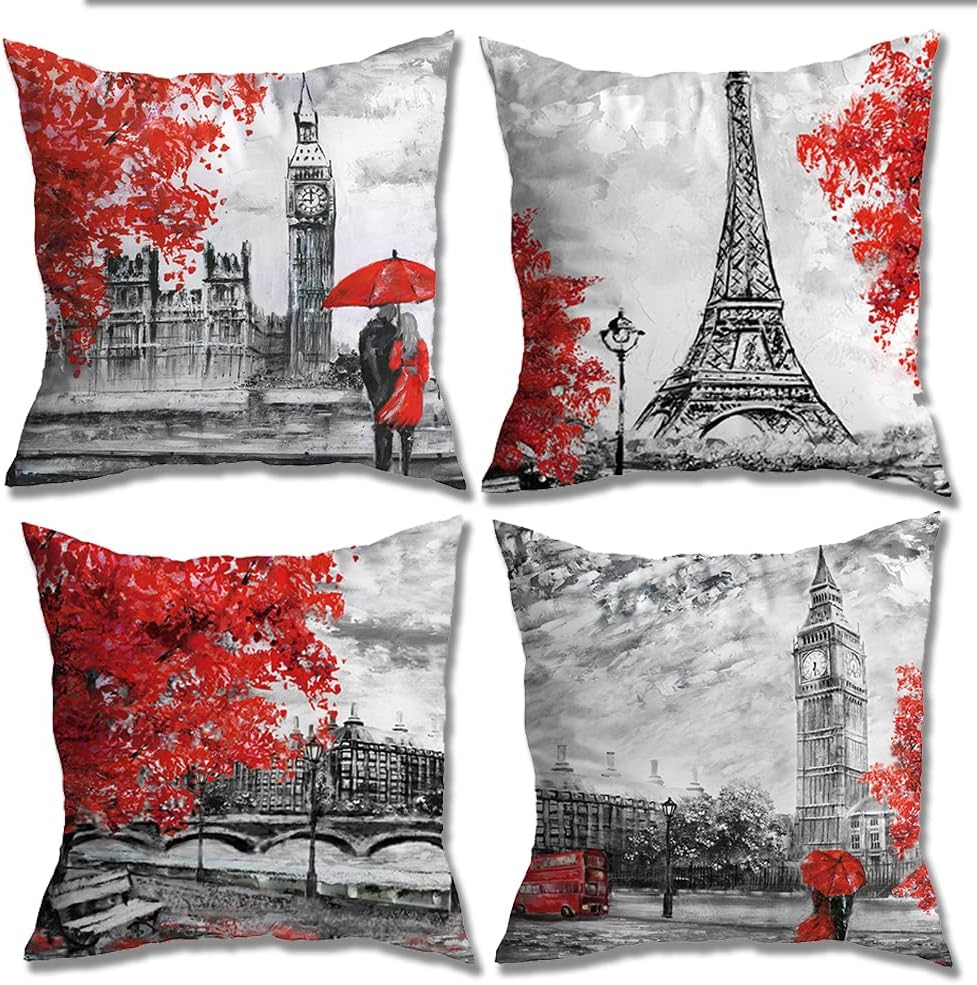 Paris Decor Throw Pillow Covers 18x18, Black Red Eiffel Towel Cushion Covers, Burlap Oil Painting Pillowcase for Couch, Sofa, Living Room, Bedroom Home Outdoor Decor, Set of 4