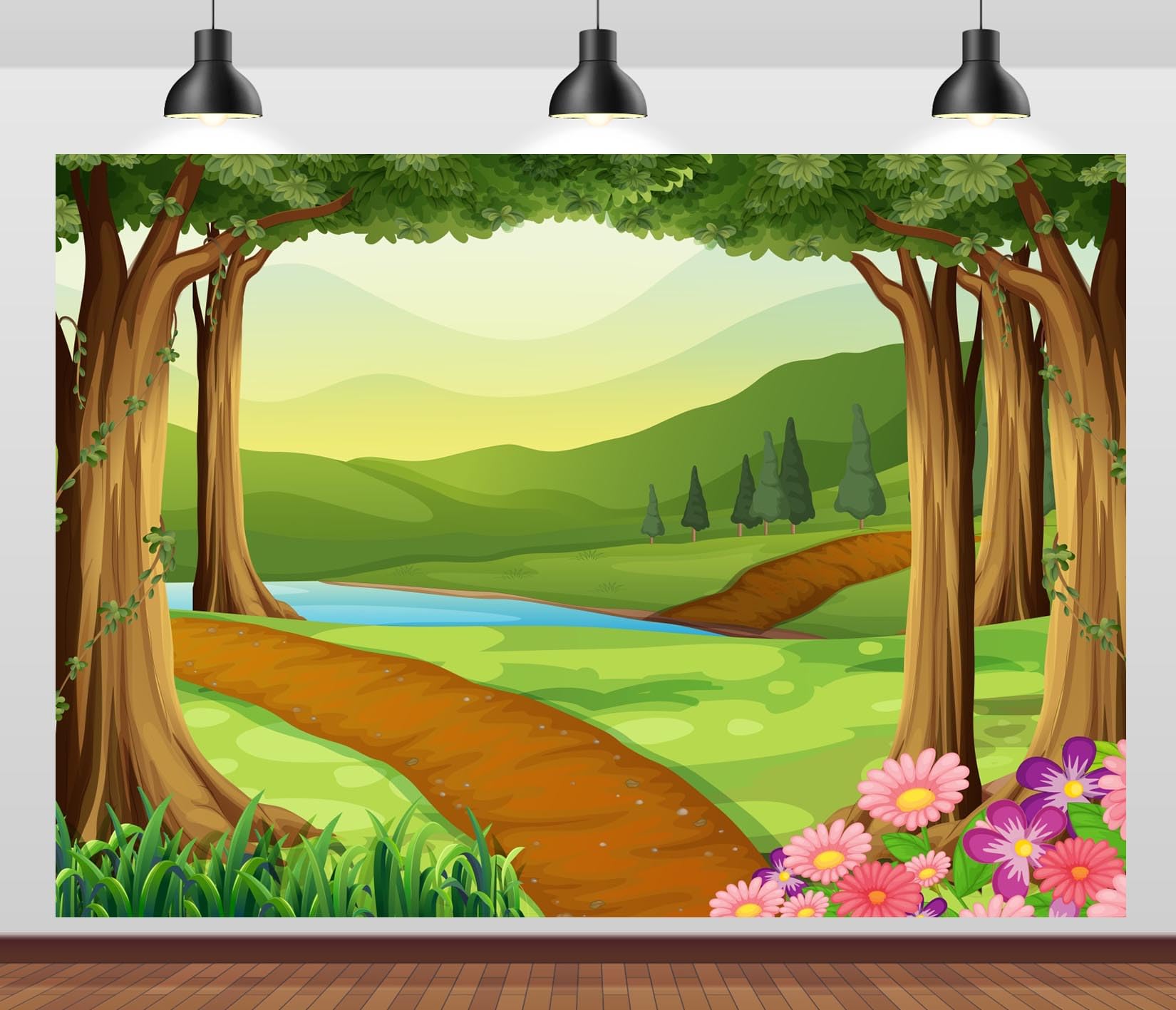 BELECO 4.6x3m Telo sfondo bosco cartone animato | Foresta verde alberi fiume fiori selvatici montagna sfondo festa foresta compleanno bimbi shooting foto