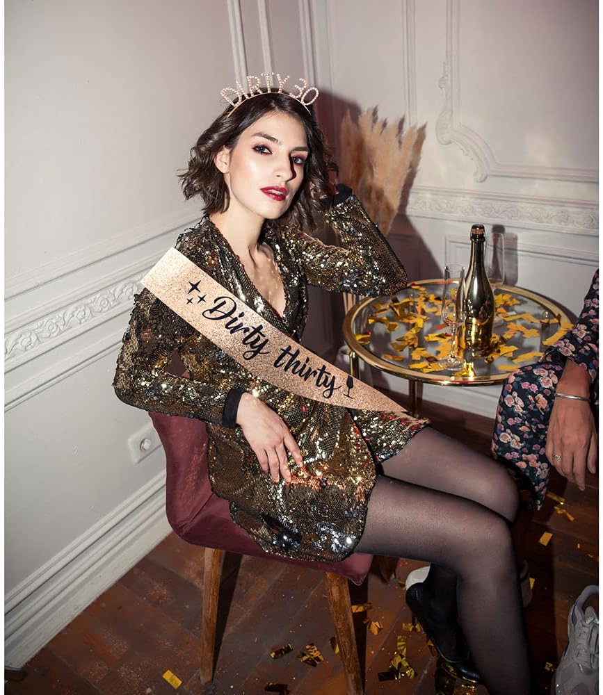 "Dirty Thirty" Sash & Rhinestone Headband Set - 30th Birthday Gifts Birthday Sash for Women Birthday Party Supplies (Gold Glitter/Black) - Image 6