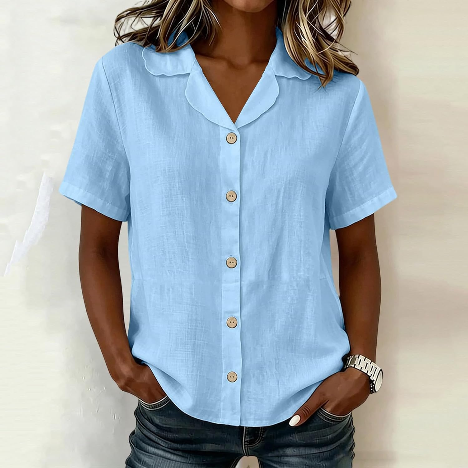 Women's Cotton Linen Camp Collar Button Down Shirt Short Sleeve | Casual Loose Fit Breathable Summer Blouse Top Lightweight