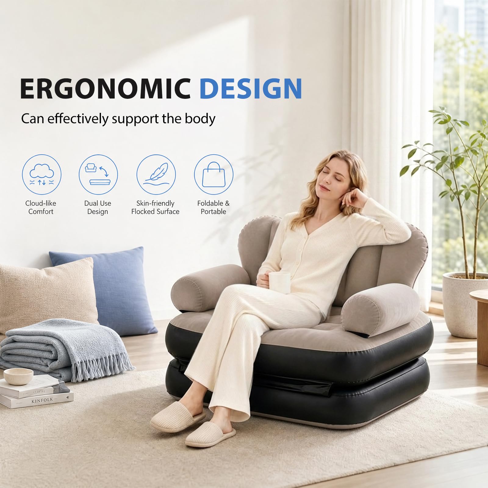 Aufblasbares Schlafsofa 2 in 1 mit Fußpumpe aus Beflocktem PVC