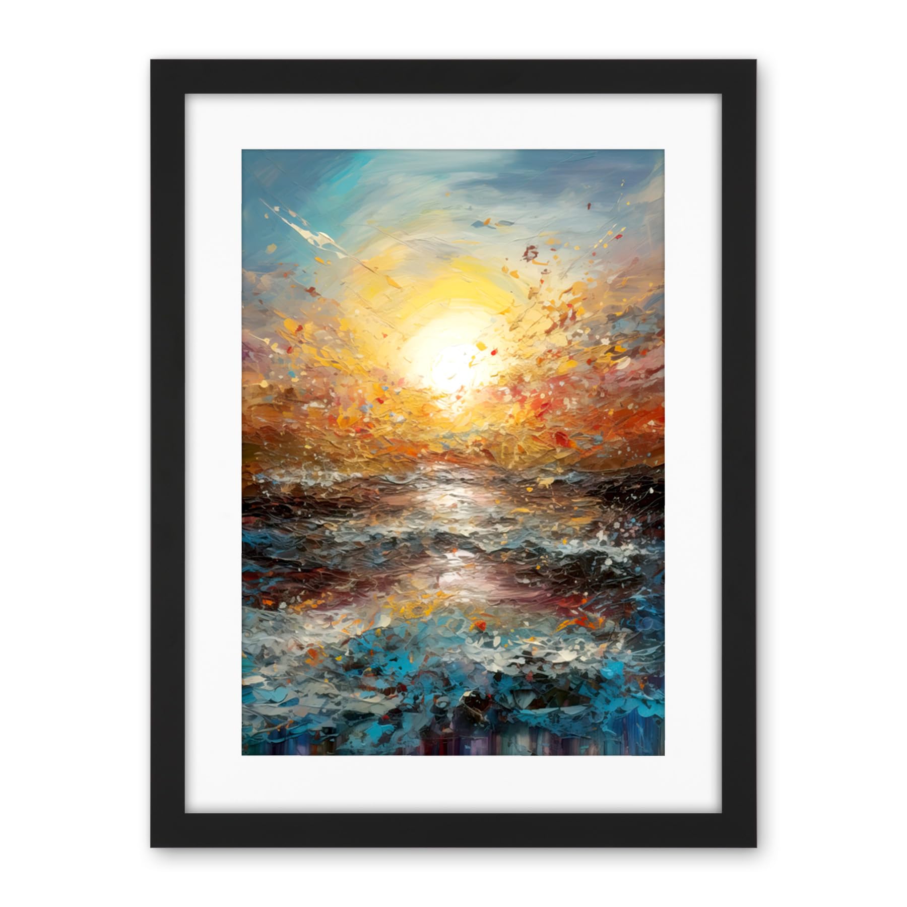 Artery8 Sunrise at Sea Abstract Seascape Splatter Art Artwork Framed Wall Art Print 18X24 Inch