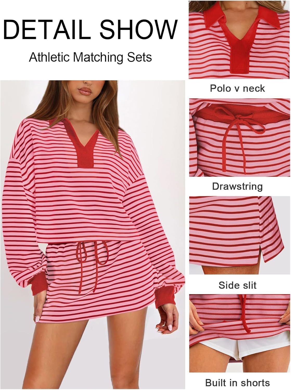 Women's Striped 2 Piece Set for women Sweatshirt Mini Skirt Sets Tennis Workout Tracksuit Matching Lounge Outfits - Image 3