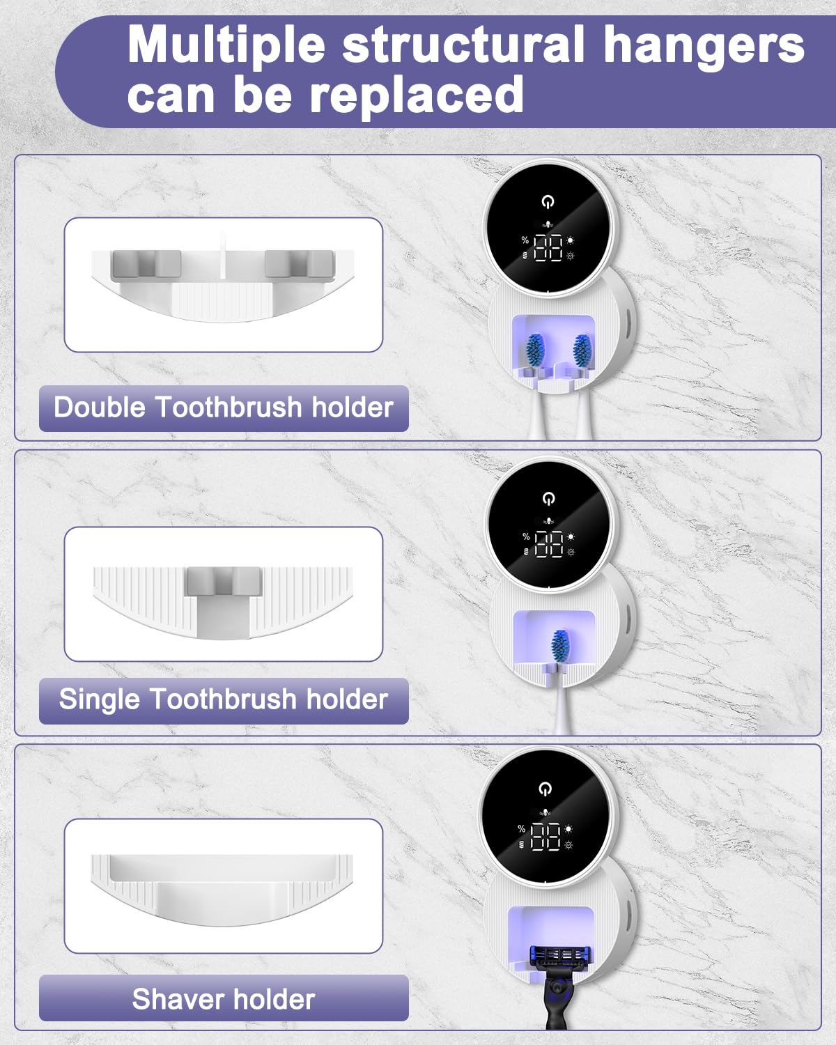 Sanitizer e supporto per spazzolino da denti UV, disinfettante per spazzolino da denti da parete con funzione di sterilizzazione e asciugatura, schermo intelligente a LED, copertura auto-induttiva