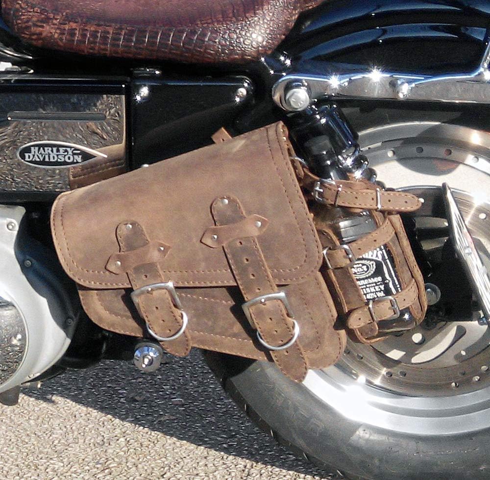 Real Leather Bag, Saddlebag with Bottle Holder for Harley Davidson Sportster, 883, 1200 - Brown