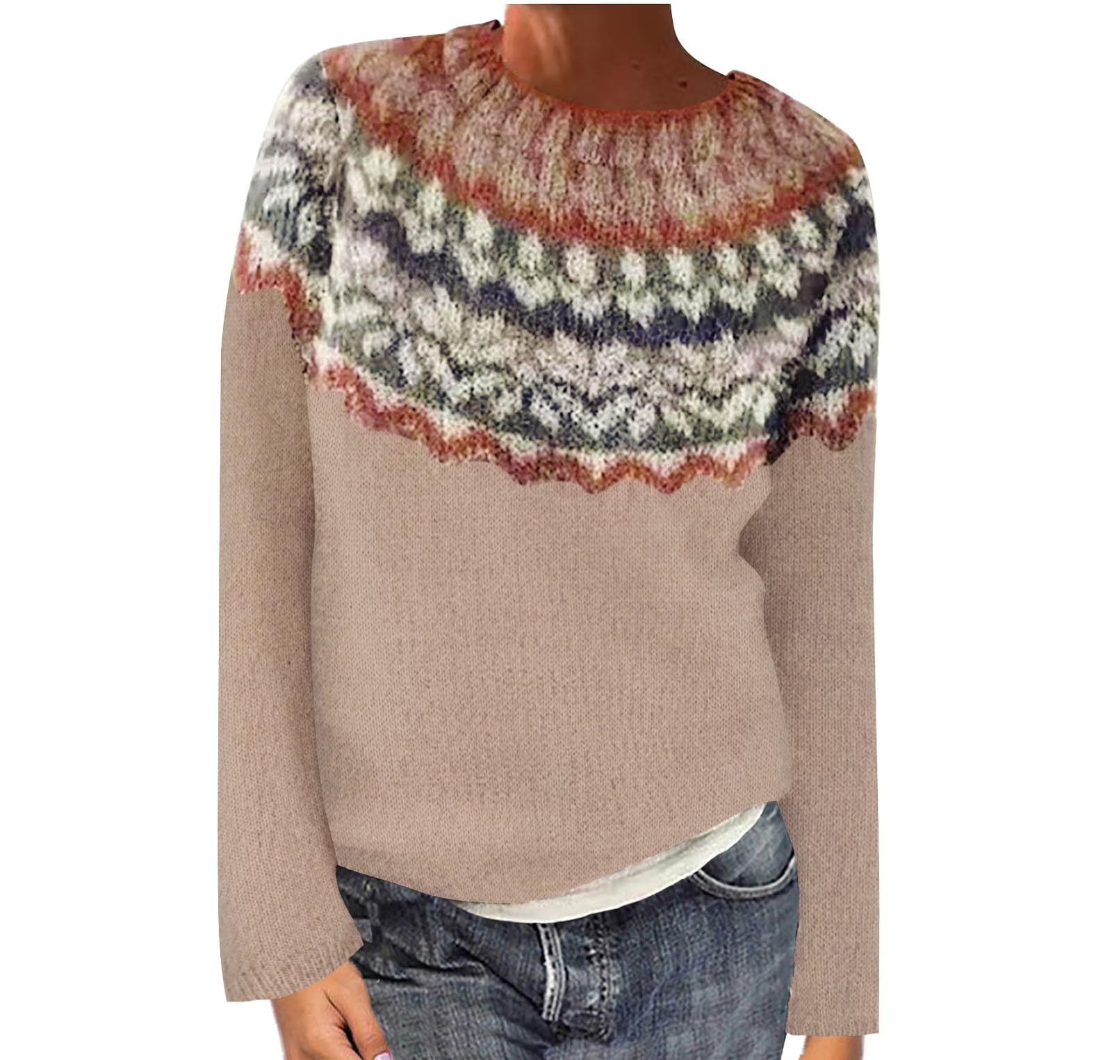 Fair Isle Sweater Women Oversized Vintage Cozy Christmas Sweaters Fall Winter Long Sleeve Knitted Pullover Tops