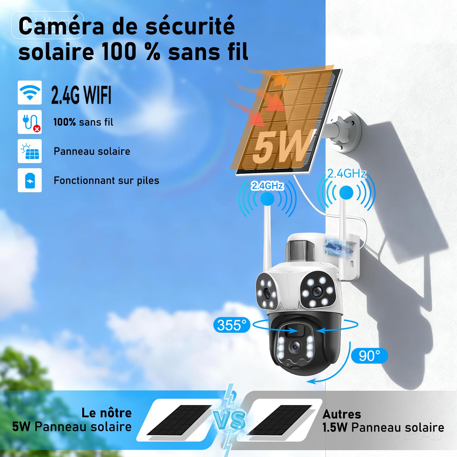12MP Caméra Surveillance WiFi Extérieure à Triple Objectif,355°PTZ Caméra 3-in-1,Détection Humaine avec Panneau Solaire,Audio Bidirectionnel,Suivi Automatique,Vision Couleur,Batterie 10000mAh,étanche