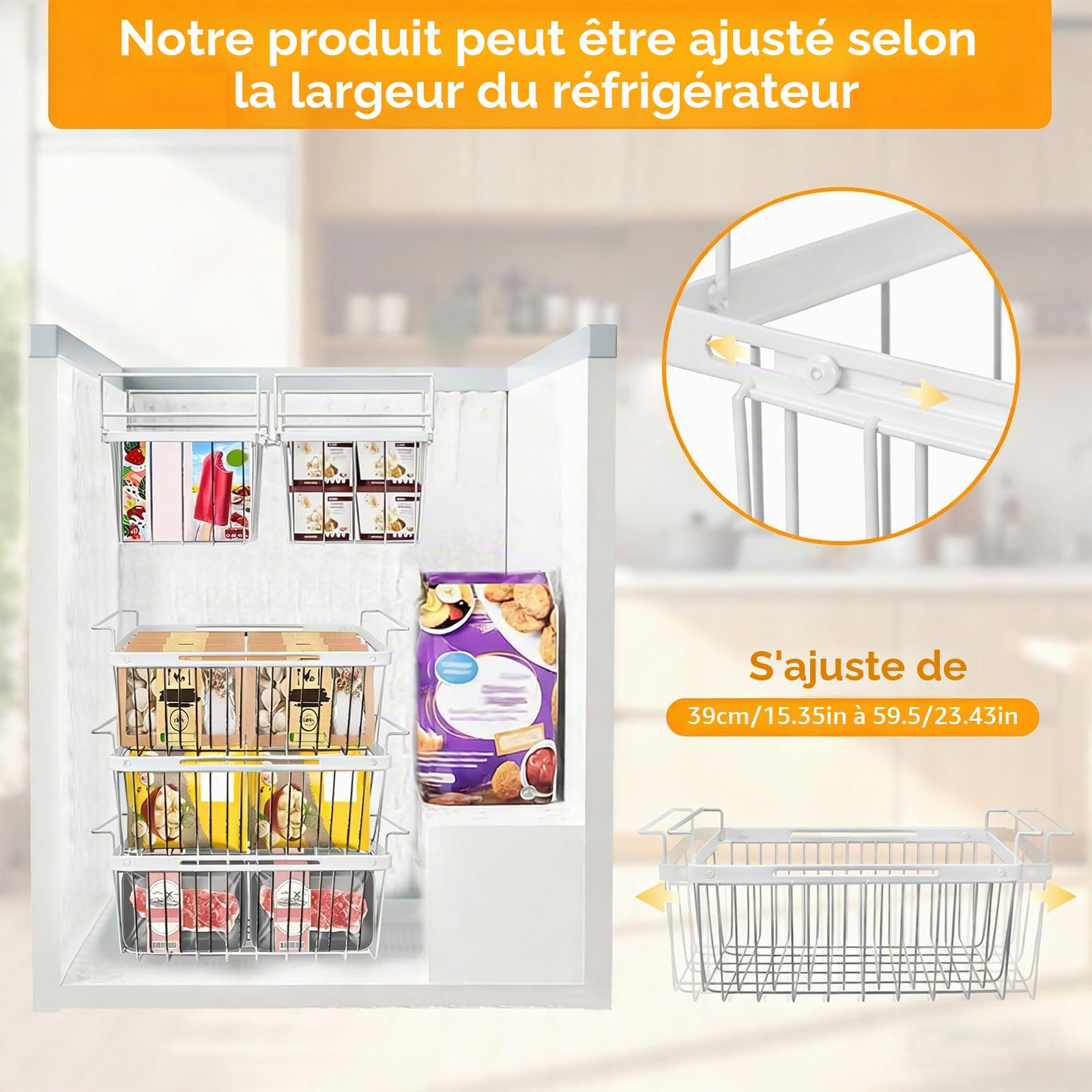 BigKing 2 PCS panier congelateur coffre extensible, organiseurs congélateur | extensible, longueur réglable de 39 à 59,5 cm, panier pour congélateur avec poignées, panier de rangement peu encombrant