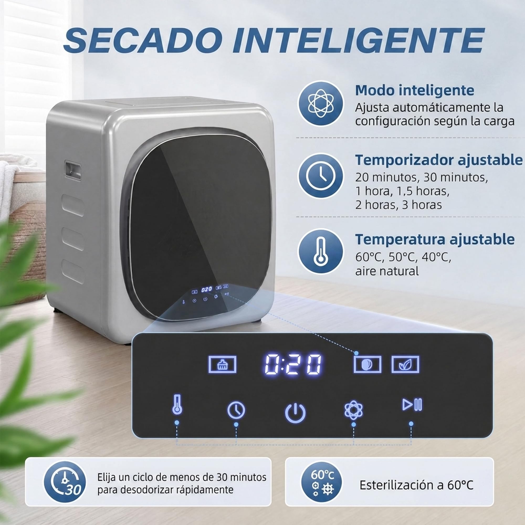 HOMCOM Secadora de Evacuación 3 kg Compacta 800W Pantalla Táctil Plata | Secadora de Ropa, Función Antiarrugas, Control Temperatura y Tiempo, Carga Frontal, Tambor Inox, Montable en Pared o Suelo