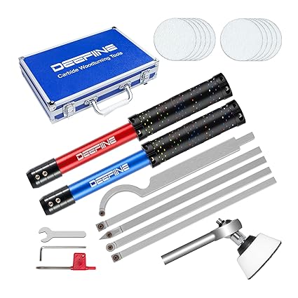 DEEFIINE 8pcs Carbide Tipped Wood Lathe Turning Tools Set With Bowl Sander, Lathe Rougher Finisher Swan Neck Hollowing Tools and Interchangeable Foam Handle with Diamond Round Square Carbide Inserts