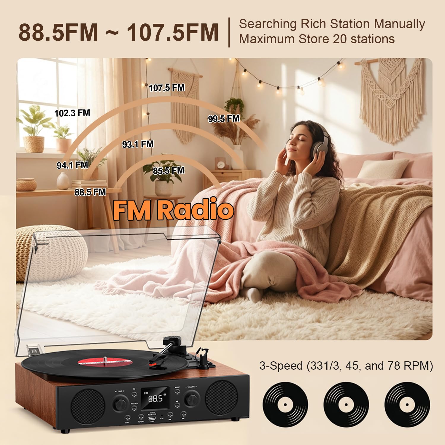 Giradischi in vinile con altoparlante integrato, giradischi Bluetooth con registrazione USB, giradischi vintage a 3 velocità con ricezione Bluetooth, radio FM, uscita RCA e AXU-in, lettore in vinile