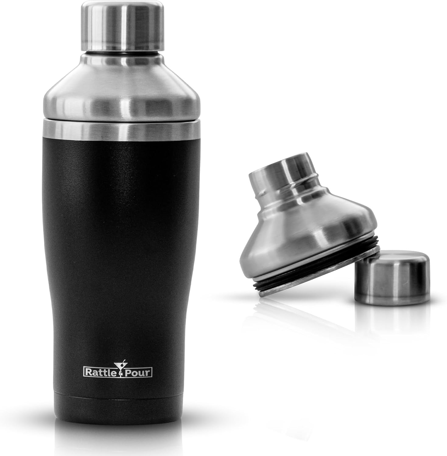 Rattle & Pour - Black Powder Coated Double Wall Insulated Stainless Steel Shaker Bottle Ultimate Cocktail Shaker Drink Mixer Martini Shaker for Bartending Perfect Bar Supplies for Crafting Cocktails!