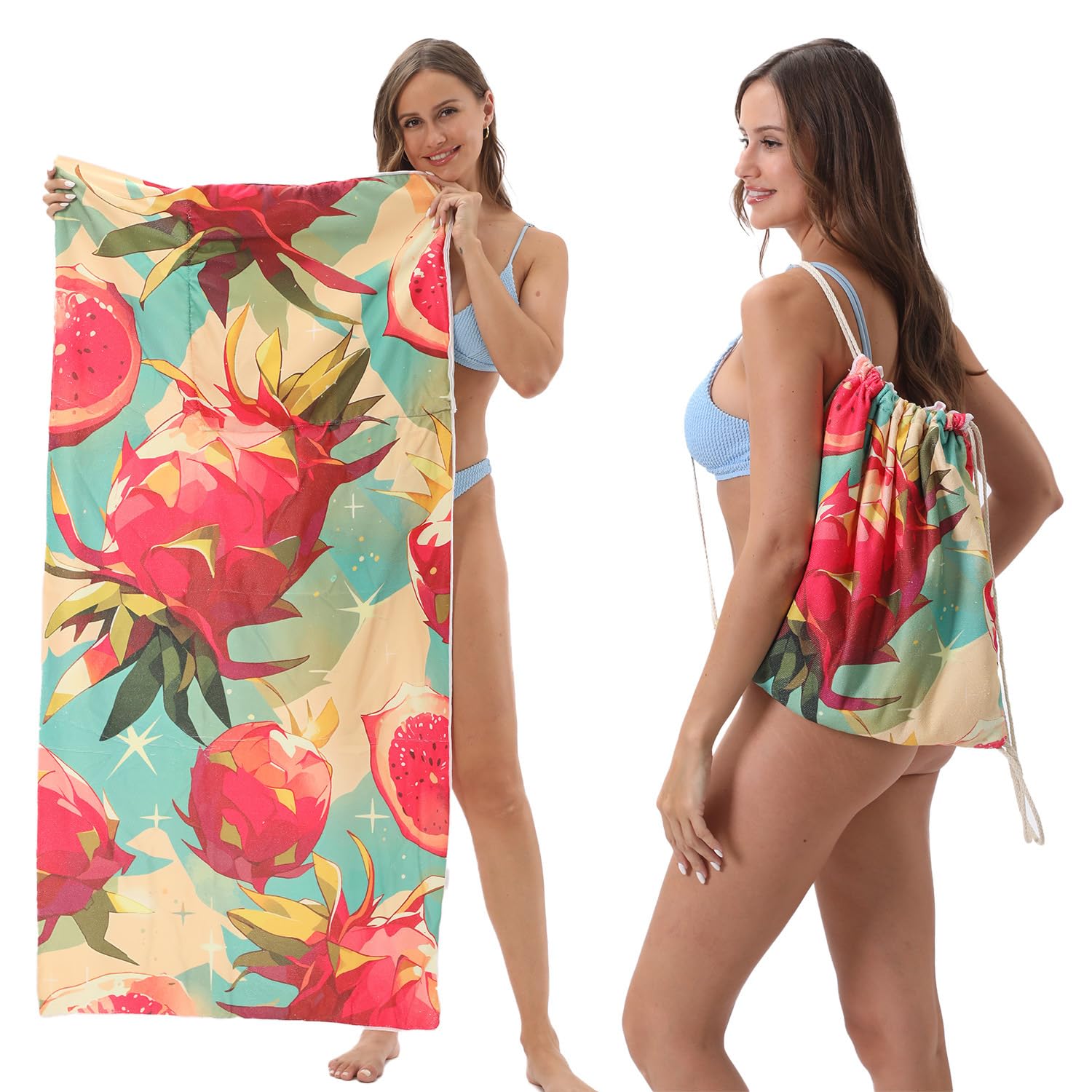 FWJZDSP 2 in 1 Packable Towel Bag for Women- Summer Tropical Beach Blanket Backpack Green Travel Picnic Towel for Family Holiday Camping (Pitaya)