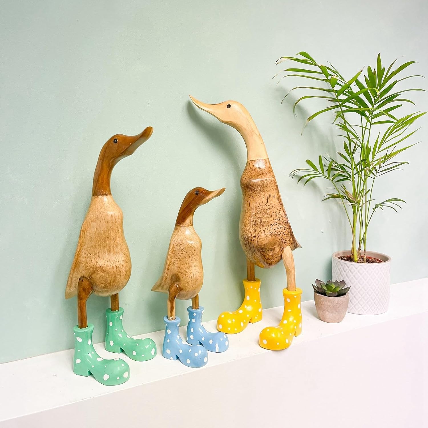 Cute Hand Painted Resin Duck Figurine with Brightly Colored Polka Dot Rain Boots Resin Ducks Figurine Funny Duck Sculpture for Home Office Patio Lawn Yard Ornaments (21.8CM, Yellow)