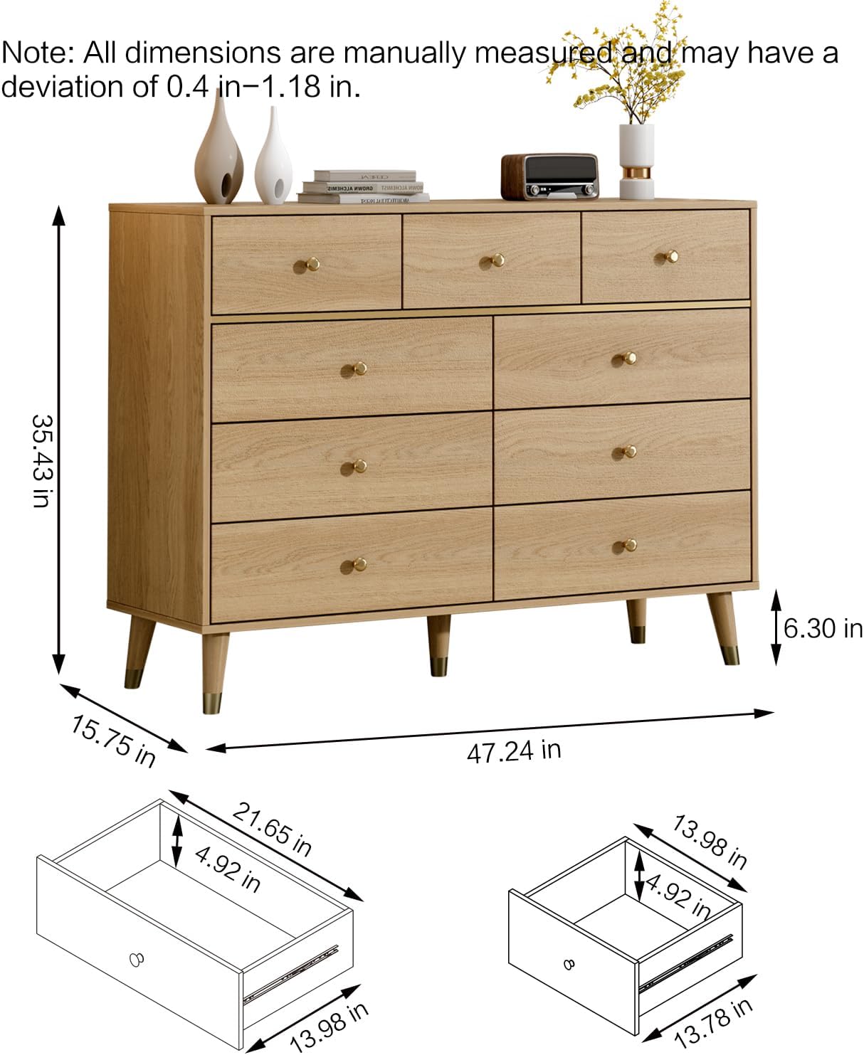 Diagram showing dresser dimensions and drawer dimensions