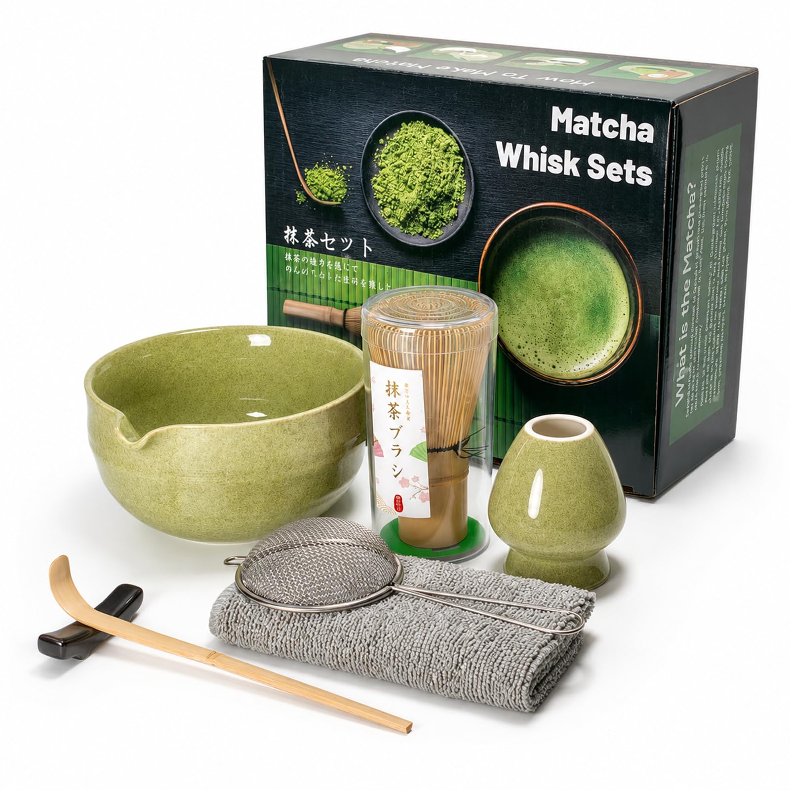 Lafefe 7pcs Ceramic Matcha Kit with Spout Bowl, Green