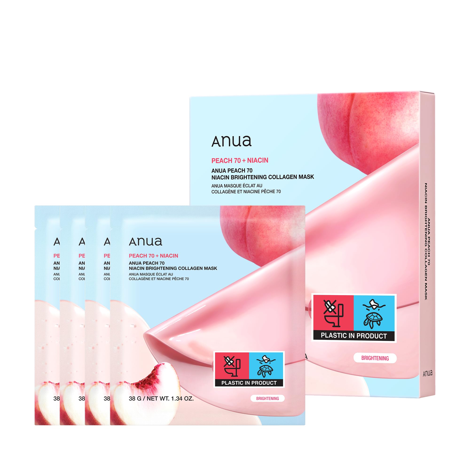 Anua Peach 70 Niacin Brightening Kollagen Maske, Overnight Gesichtsmaske für Glass Skin, Niacinamid, Kollagen, Für Elastizität Glow mit Feuchtigkeit, Natürliche Farbe, Korean Skincare (38 g, 4 Stück)