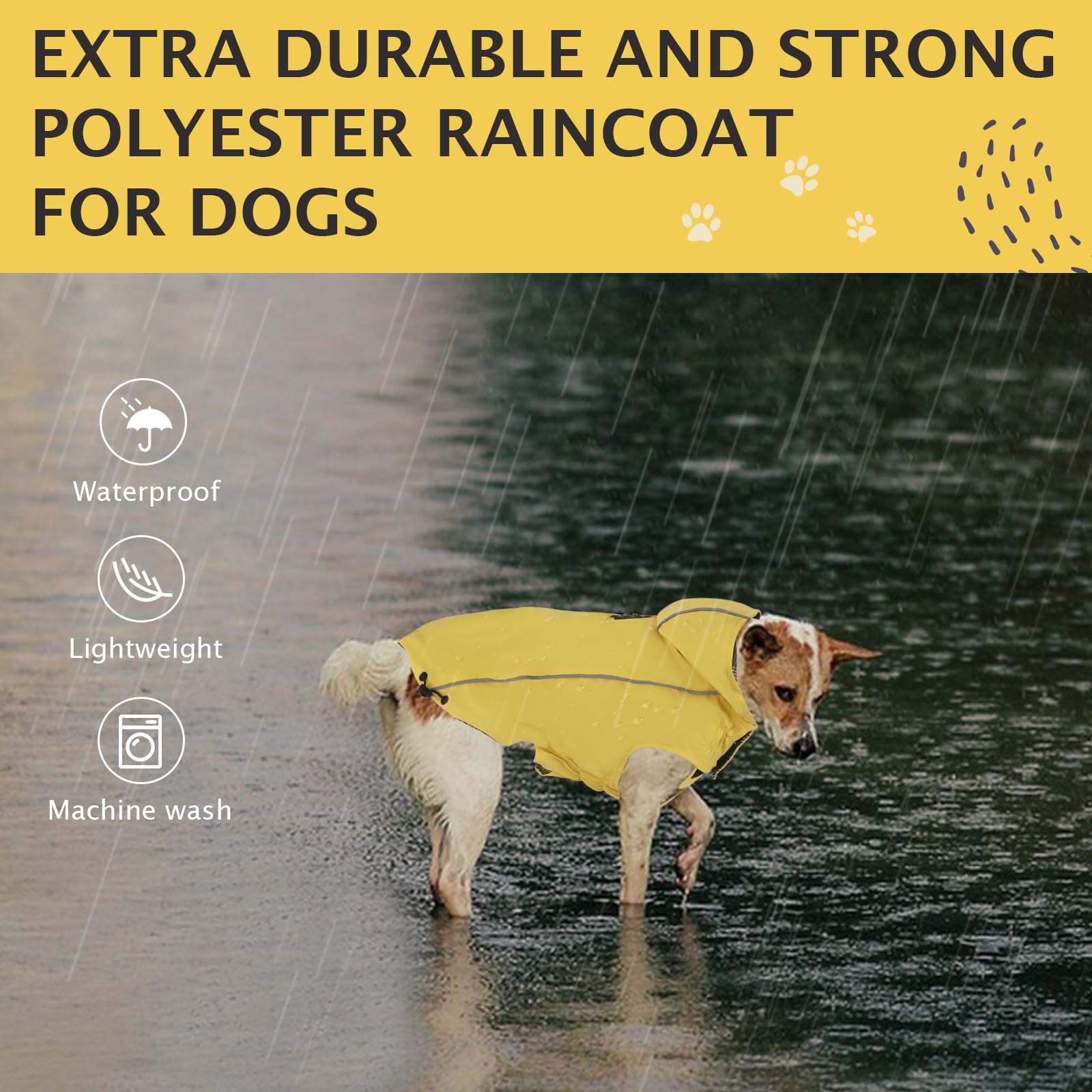Regenmantel Hund Wasserdicht, Reflektierend Regenjacke mit Kapuze für Hund, Verstellbare Winddicht Regenjacken für Kleine Mittelgroße Groß Hunde Spaziergäng XZ015(Gelb,M)