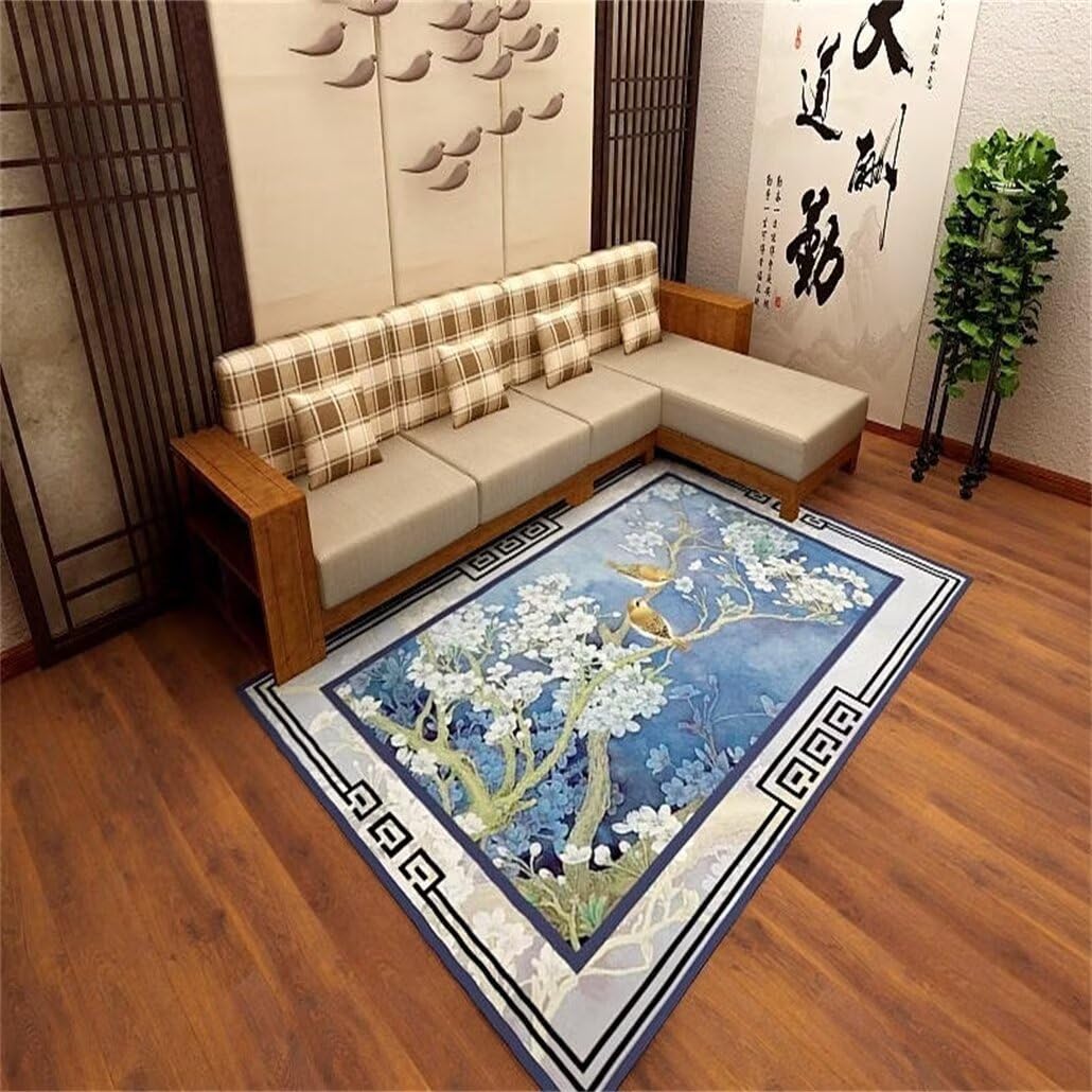 Tapis chambre adulte bleu et rétro à fleurs 200x300 cm style vintage