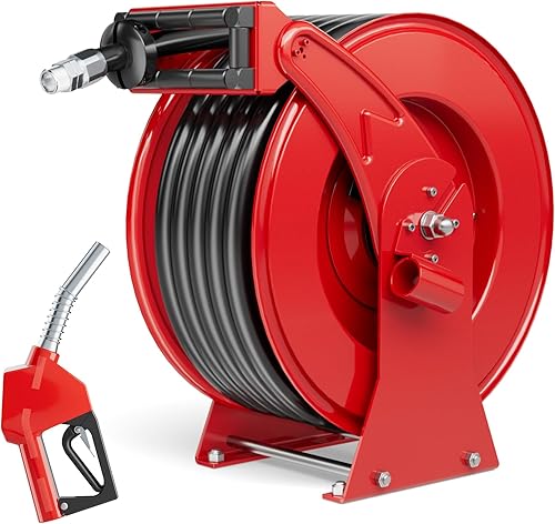 Vista 9 de Carrete de manguera de combustible, carrete de manguera diésel extra largo de 3/4 pulgadas x 50 pies con boquilla de combustible, carrete de Rojo