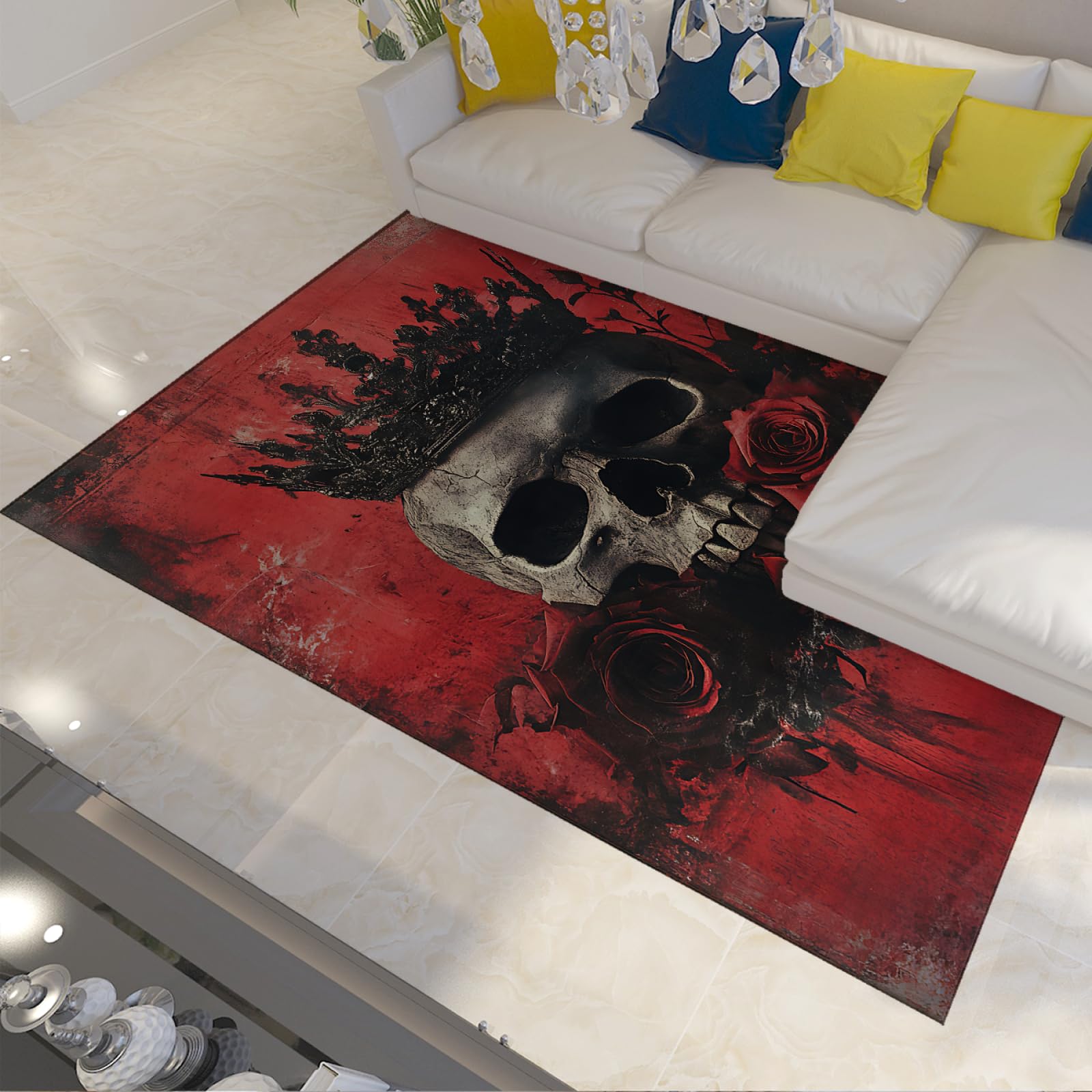 Tapis vintage rouge foncé 140x200cm antidérapant crâne