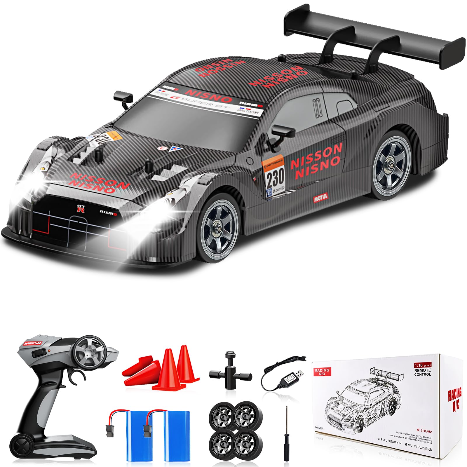RC Drift Car 2.4GHz, 1/16 Remote Control Cars 4WD Fast Drifting Car Rechargeable RC Cars for Adults Kids Black Hobby Racing Vehicle with Lights Drifting Tire Toy for Boys