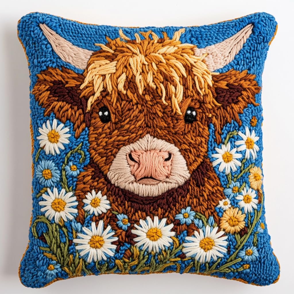 DIY Punch Needle Pillow Kit Cute Highland Cow Daisy Flowers with Pattern and Hoop Handmade Embroidery Punch Needle Starter Pillowcase Set for Home Sofa Decor 43x43cm-1-28
