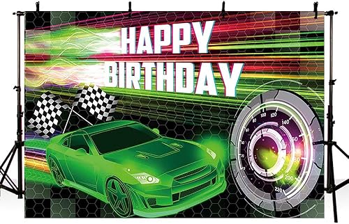 Vista 60 de MEHOFOND Telón de fondo de feliz cumpleaños de carreras de autos de 7 x 5 pies, fondo dorado de fiesta de coche de carreras para niños, decoración