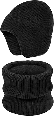 Winter Hat and Scarf Set: Fleece Lined Earflap Beanie Windproof Thick Neck Warmer for Men Women Skiing Hiking Running