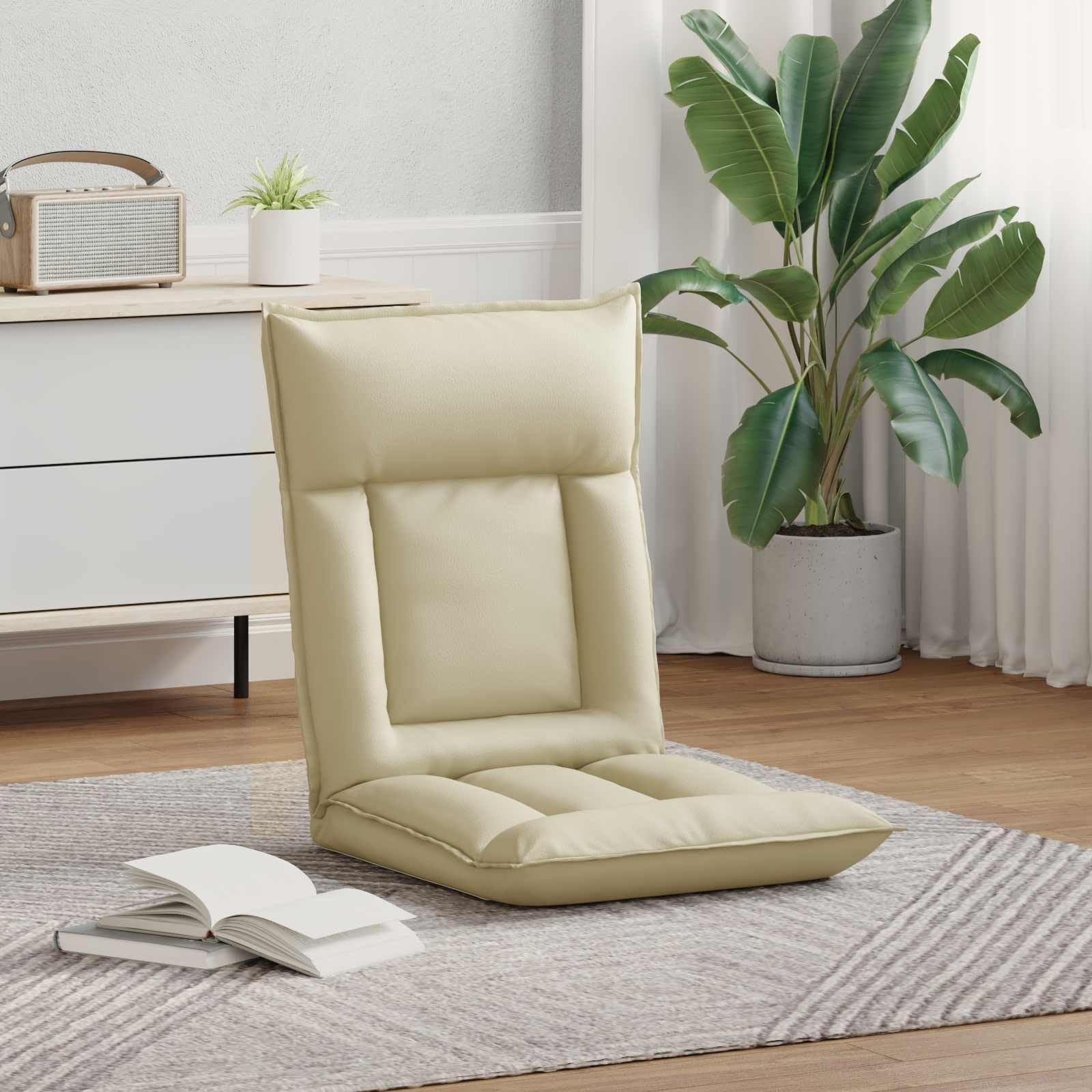 Krzesło podłogowe, kremowe, sztuczna skóra, 55 x 61 x 70 cm, regulowane, z oparciem, składane, wyściełane, ergonomiczne, nie zajmuje dużo miejsca, do salonu, biura, gier, jogi, czytania