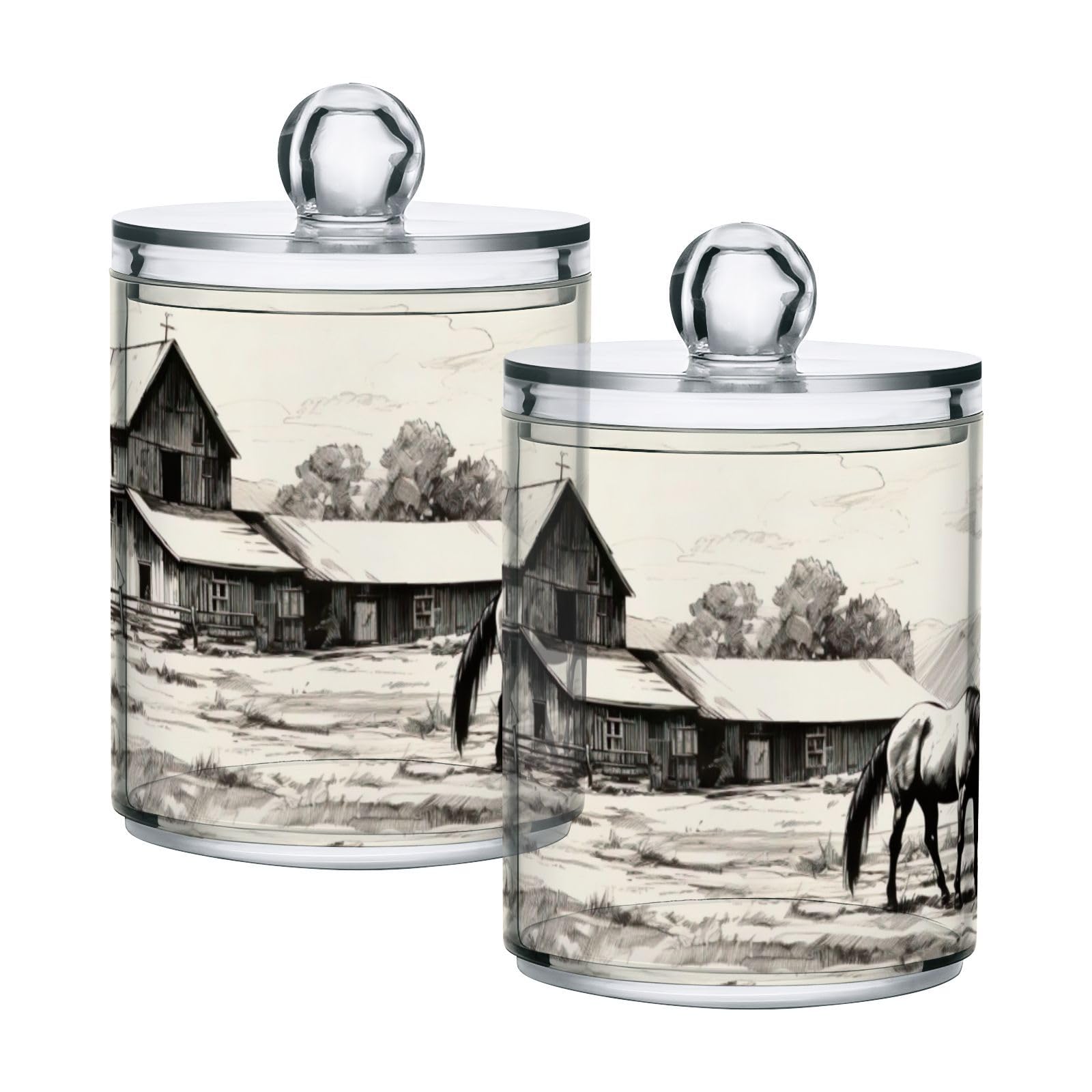 Coikll Horse and Barn Qtip Holder with Lid 2PCS Apothecary Jars Storage Containers, Clear Plastic Canister for Cotton Swab,Floss Picks, Cosmetics